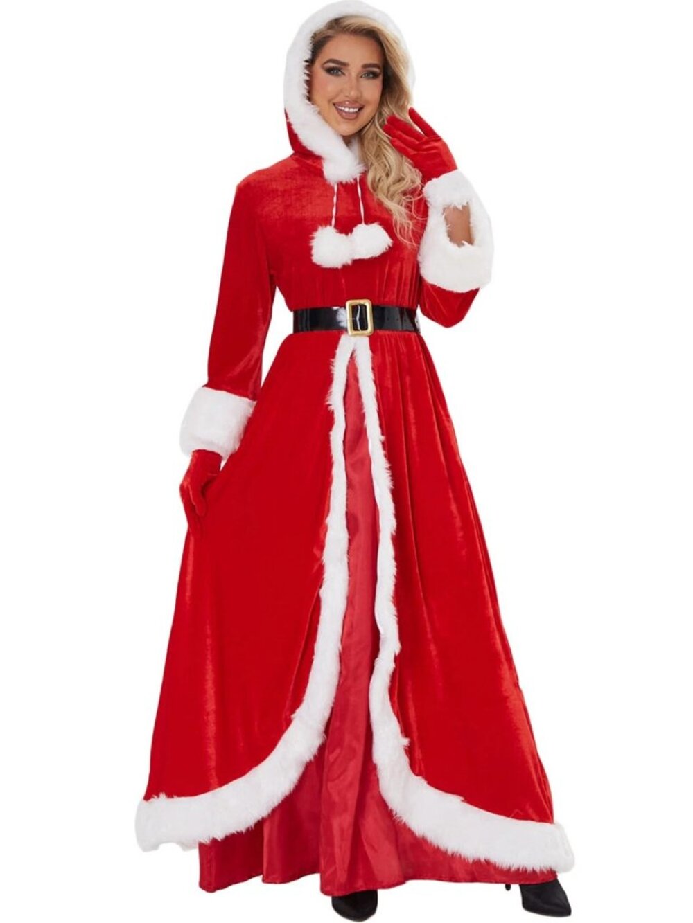 Mrs. Claus Santa Christmas Costume Red Velvet Dress Faux Fur Hood Gloves Belt S
